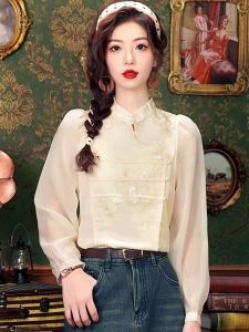 Elegant Chinese Style Long Sleeve Womens Shirt Inner Wear Beautiful Ogeesha Top Commute Korean Version Straight Cut Model