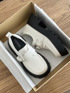 White Thick Heel Loafers Womens Fall New round Head Heightening Small Leather Shoes Butterfly British Style Versatile Single Shoes