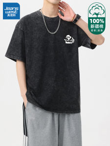 True Weave เสื้อยืดแขนสั้นผู้ชาย สไตล์ย้อนยุคสไตล์อเมริกัน ทรงหลวม ไซส์ใหญ่ สีดำ คอกลม ระบายอากาศได้ดี สวมใส่สบาย ผ้าฝ้ายแท้