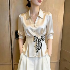 SHUAIYUE | Áo Blouse Eo Dây Nơ Tay Xòe Trắng