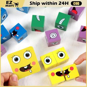 【Fast Shipping】 Wooden Face Changing Expression Cube with Bell Ringing Building Blocks Wooden Early Education Toys Building Blocks Educational Toys