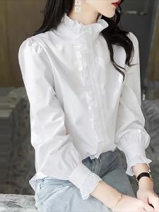 Stylish French Elegance Ruffled Stand Collar Long Sleeve Shirt