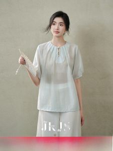 JK&JS | Áo sơ mi lụa tơ tằm JKJS Lan Zhi Xi dành cho nữ mùa hè 2025 Áo sơ mi tay ngắn cổ tròn dáng rộng màu trơn đơn giản