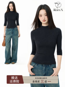 เสื้อชั้นในถักคอสูงครึ่งแขนสำหรับผู้หญิง ทรงสลิมฟิต แขนยาว 7 นิ้ว ทรงปกติ ผ้าฝ้ายโพลีเอสเตอร์ โพลีอะซิเตท โพลีอะไมด์ วิสโคส