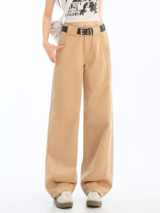 QIAOMIDUO | Khaki Wide Leg Narrow Version Jeans Womens High Waist Slimming Straight Design Casual Cotton Trousers For Autumn Season