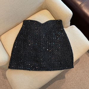 GUZILIAN | Shiny Sequin Mini Skirt Womens Korean Style Floral Waist Chain Asymmetrical High Waist Bodycon Skirt Autumn Winter