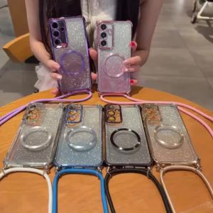 Ốp Lưng Samsung Galaxy S26 Ultra S25 Edge S24 FE Plus A57/37/17/07 Mạ Điện Chống Sốc Mềm Mại Có Dây Đeo Chéo Tích Hợp Nam Châm