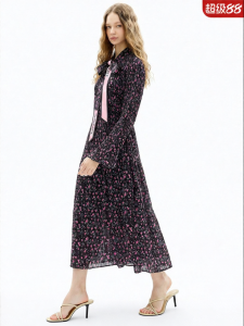 Juicy Couture | French Floral Print Long Sleeve Black Sash Dress
