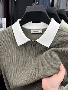 Mens Summer New Half Zipper Collared Short Sleeve Knitted Polo Shirt Fashion Casual Ice Silk Color Block T-Shirt Standard Fit