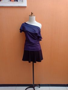 atasan sabrina wanita biru tua navy M L cewek blouse santai lengan pendek