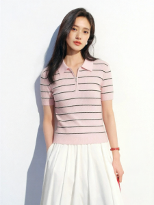 Eifini | Áo Sweater Thêu Sọc Cổ Polo Tay Ngắn Form Rộng