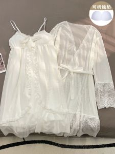 Womens Long Sleeve Modal Nightgown Set with Chest Pad V-Neck Mid-Length Hollow out Home Wear Sleepwear in Pure White