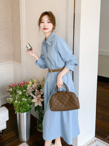 Blue Retro Denim Shirt Dress Womens Spring New Style Slimming Waist Design Sweet Cool Style Long Sleeve Knee-Length Dress
