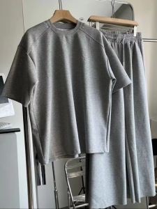 Summer Casual Set Men round Neck Loose Short Sleeve T-Shirt High Street Design Wide Leg Floor-Length Pants Ensemble