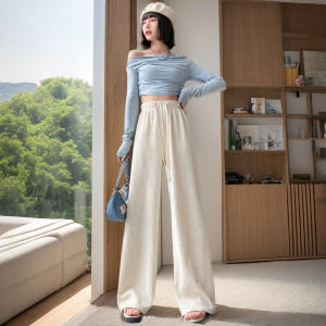 กางเกงขายาวผ้าไหมน้ำแข็งเอวสูง กางเกงขายาวทรงหลวมสบาย ๆ สำหรับผู้หญิง กางเกงขายาวทรงตรง ระบายอากาศได้ดี กางเกงขายาวทรงสลิมฟิต