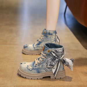 Womens Thick Bottom Martin Boots Winter Fleece High Help Versatile Street Style Denim Ribbon Casual Short Tube Boots