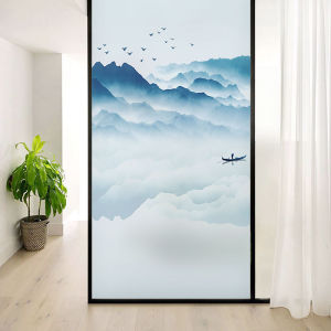 Transparent Frosted Glass Stickers Wind And Water Mountain Landscape for Living Room Door Window Partition Privacy Protection