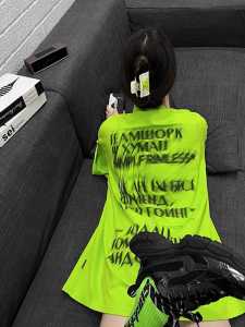 Fluorescent Green Cotton Short Sleeve Womens T-shirt Summer Oversize Street Style Couple Matching Casual round Neck Top