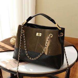 BAORUIFU | Leather Patchwork Quilted Lock Chain Shoulder Bag