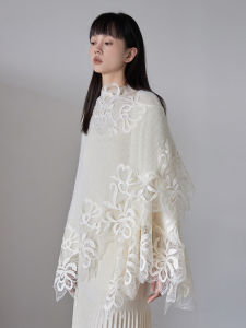 Spring Autumn 2025 Womens Knitted Lace Embroidered Flower Heavy Work Cowl Neck Open Cardigan Shawl High End Feel Outerwear