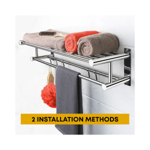 Bathroom Towel Rack - SUS304 Stainless Steel Rustproof Double Towel Bar & 5 Hooks Shower Room Organizer Bathroom Storage for Towels