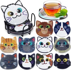 10pcs Diamond Painting Coasters Set DIY Cartoon Cat Pattern Round Coasters 10x10cm/3.93x3.93in