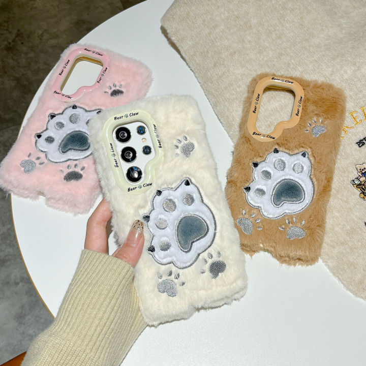 Plush Fur Cute Cat Claws Case For Samsung Galaxy A35 A05S A55 54 S24 23 Ultra S23 S24+  A14 A15 4G 5G Warm Cover Plush Case