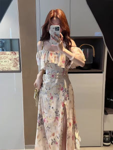 Summer 2025 New Fashion French Holiday Style Womens Slim Fit Floral Print Split Strapless Dress Single Piece Polyester Fiber