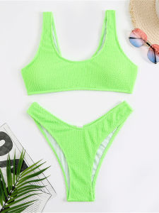 8 Colors High Cut Wrinkled Crinkled Bikini Female Swimsuit Two-pieces Bikini set Women Swimwear Bather Bathing Suit Swim V3461C