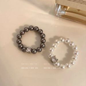 Elastic Zircon Pearl Beads Ring Womens French Vintage Luxury Elegant Simple Personality Finger Ring Jewelry Accessory
