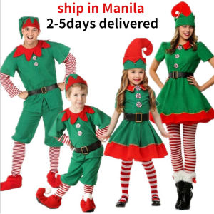(Super Fun Toy World) Men Women Girls Boys Halloween /Christmas Santa Claus Costume Green Elf Cosplay Family Christmas Party New Year Fancy Dress Clothes Set