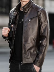 Pierre Cardin Mens Slim Fit Jacket Thin Fleece Lined Thickened Spring Autumn Winter Fashionable Outerwear PU Leather Coat