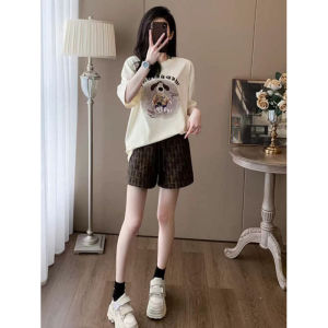 Summer Student Set Womens Youthful Dog Letter Matching Shorts Sleeve T-Shirt Vivacious Whitening Two-Piece Set round Neck Short Sleeve