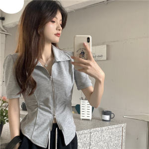 Plus Size Womens T-Shirt Irregular Slimming Design Shoulder Length Sleeve Short Sleeved Summer Wear K-Style Polo Collar