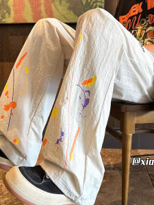 กางเกงลำลองชายทรงตรงเอวกลางผ้าไนลอนฤดูร้อน 2024 กางเกงขายาวทรงพับสีน้ำตาล กางเกงขายาวทรงลำลองสไตล์อเมริกันสำหรับฤดูใบไม้ร่วง