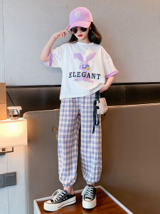 Girls Sporty Casual Thin Short Sleeve Two-Piece Set Childrens Summer Clothing Cotton Polyester Blend Comfortable Breathable