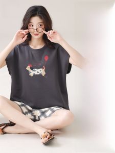 MiiOW | ชุดนอนผู้หญิงผ้าฝ้ายแท้แขนสั้นฤดูร้อน ชุดนอนสองชิ้นพร้อมแผ่นเสริมหน้าอก ชุดนอนลำลองสำหรับกลางแจ้ง ชุดนอนผู้หญิง