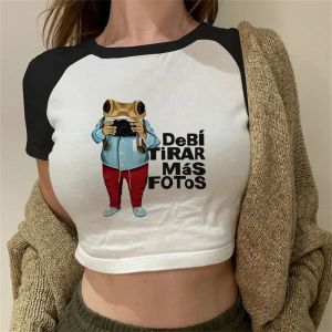 Dtmf Bad Bunny Print Crop Tops T-shirts Women Summer Casual Fashion Vintage Y2K Crew Neck Short Sleeve Crop Top T-shirts