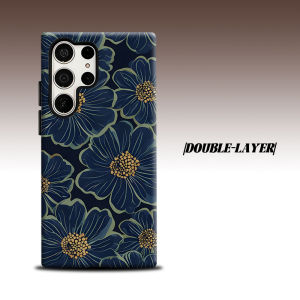 navy blue gold flower For Samsung Galaxy S26 S25 S24 A56 A36 Dual Layer Luxury Fashion Full Lens Protective Case