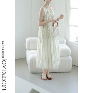 LUXIXIAO Summer New Loose Sleeveless Double Pocket Design Korean Style Striped Vest Dress Elegant Atmosphere H Version Midi Skirt