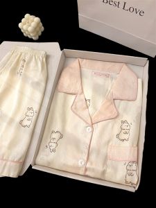 ชุดนอนผ้าไหมน้ำแข็งแขนสั้นผู้หญิง ชุดนอนฤดูร้อน ผ้าบาง นุ่ม สบาย ลายการ์ตูน คอกลม กระดุมหน้า ชุดอยู่บ้าน ไซส์ใหญ่