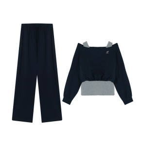 Zhang Da plus Size Womens Fashion Korean Style Casual Shoulder Bared Sweatshirt Set Grey Vest Autumn Slimming Effect