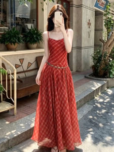 Ge·an·fei | Đầm Maxi Mùa Hè Dây Đỏ Phong Cách Pháp Sang Trọng
