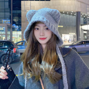 【Free Shipping】Winter Knitted Cute Bear Ear Wool Hat for Women Ins Korean Fashion Warm Caual Hat with laces