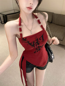 GUZILIAN | Retro American Printed Spicy Girl Neck Hanging Backless Tank Top Metal Buckle Design Irregular Hem Base Shirt For Young Women