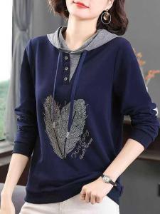 Pure ผ้าฝ้าย มีฮู้ด เสื้อยืดประดับเพชร หลวม แขนยาว ฤดูใบไม้ผลิ ฤดูใบไม้ร่วง สไตล์สําหรับผู้หญิงอายุ 40-49 ปี เสื้อชั้นใน