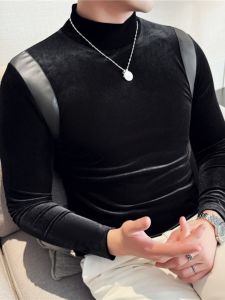 Mens Fashion Thickened Fleece Lined Slim Fit Long Sleeve T-Shirt Half High Collar Velvet Patchwork Autumn Winter Base Shirt