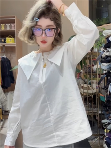 White Zipper Doll Collar Long Sleeve Womens Shirt Spring Autumn Fashion Loose Versatile Korean Style Commute Casual Shirt