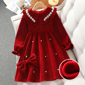 Princess Style Fleece Lined Dress for Girls New Year Visiting Clothes Childrens Winter Outfit Red Color Childrens Party Dress