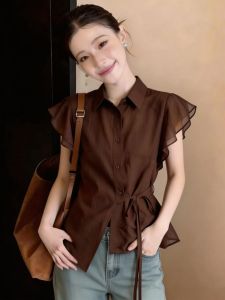 Flattering Irregular Hem Belted Short-sleeved Shirt